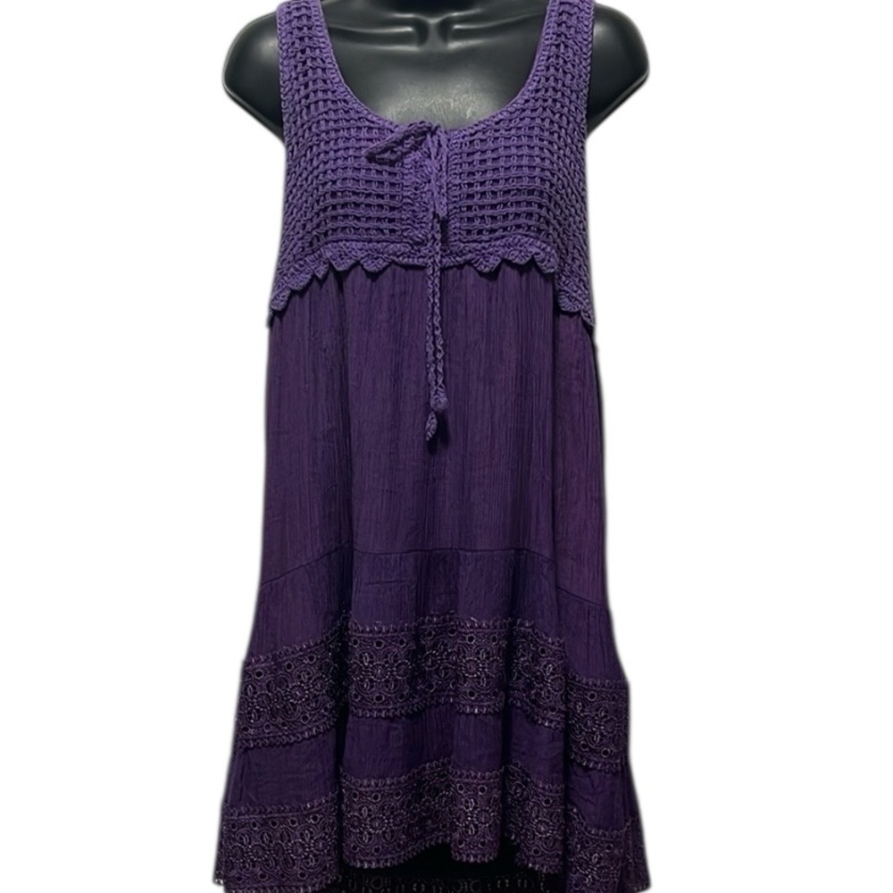 Papillon Boho Crochet Gauze Babydoll Dress Purple Size Med Large